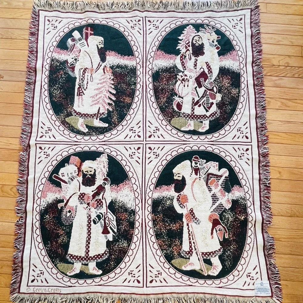 Vtg Tapestry Throw Blanket Christmas Mr‎ Santa Claus Cotton 50x60 READ